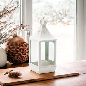 Large White Candle Lantern Metal Glass Farmhouse Decor Lantern Candle Holder VG
